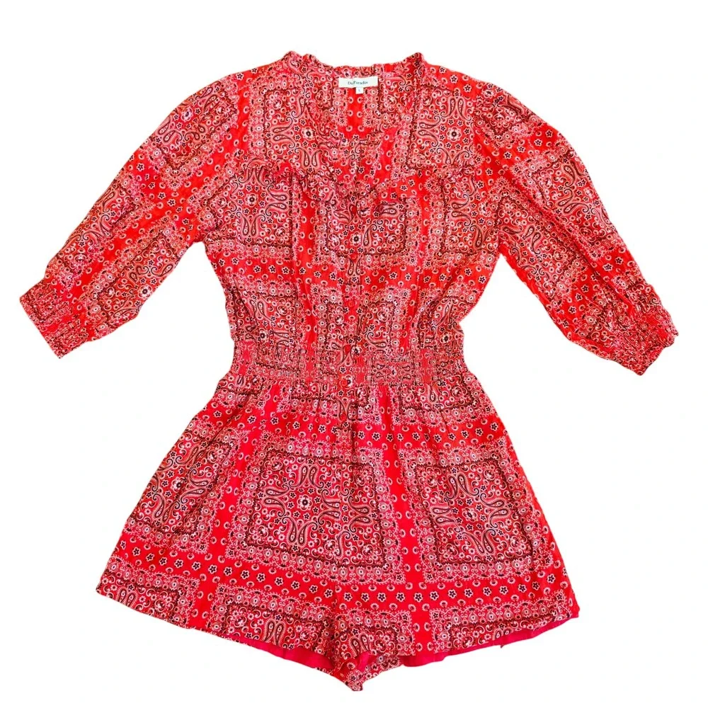 DuParadis Anthropologie Red Bandana Paisley Cotton Romper Smocked Waist Large